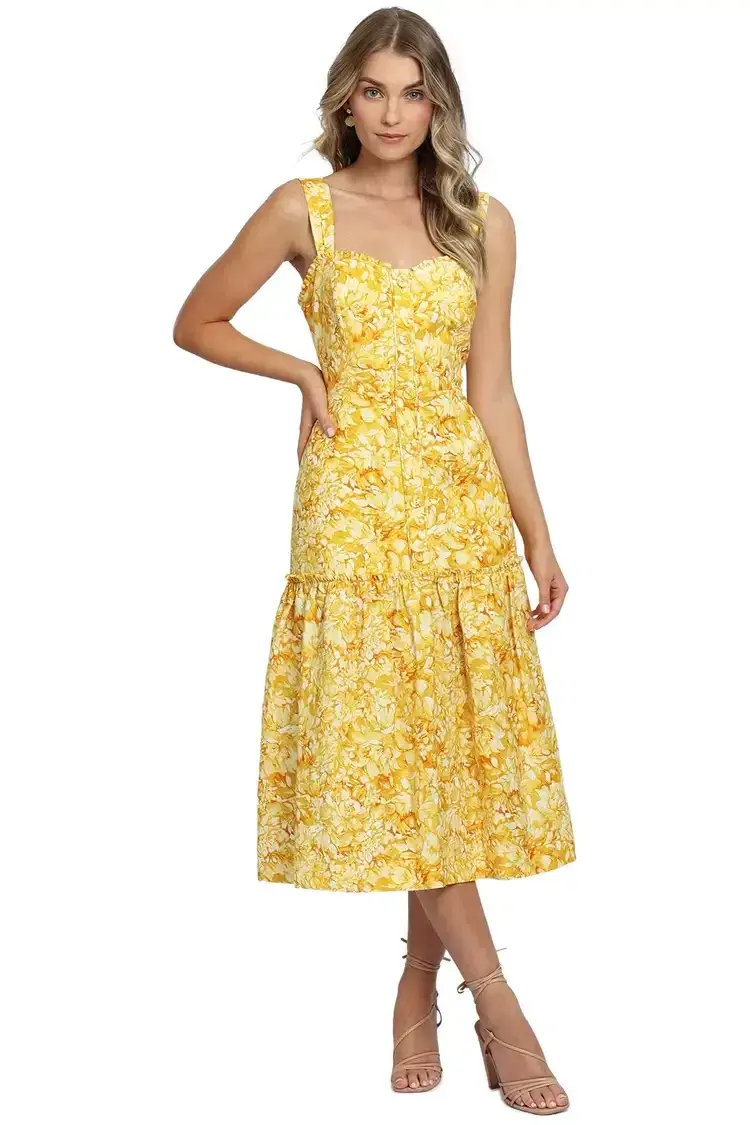 Rebecca Vallance Gialla Midi Dress in Yellow Size 14 for rent on The Volte - main image