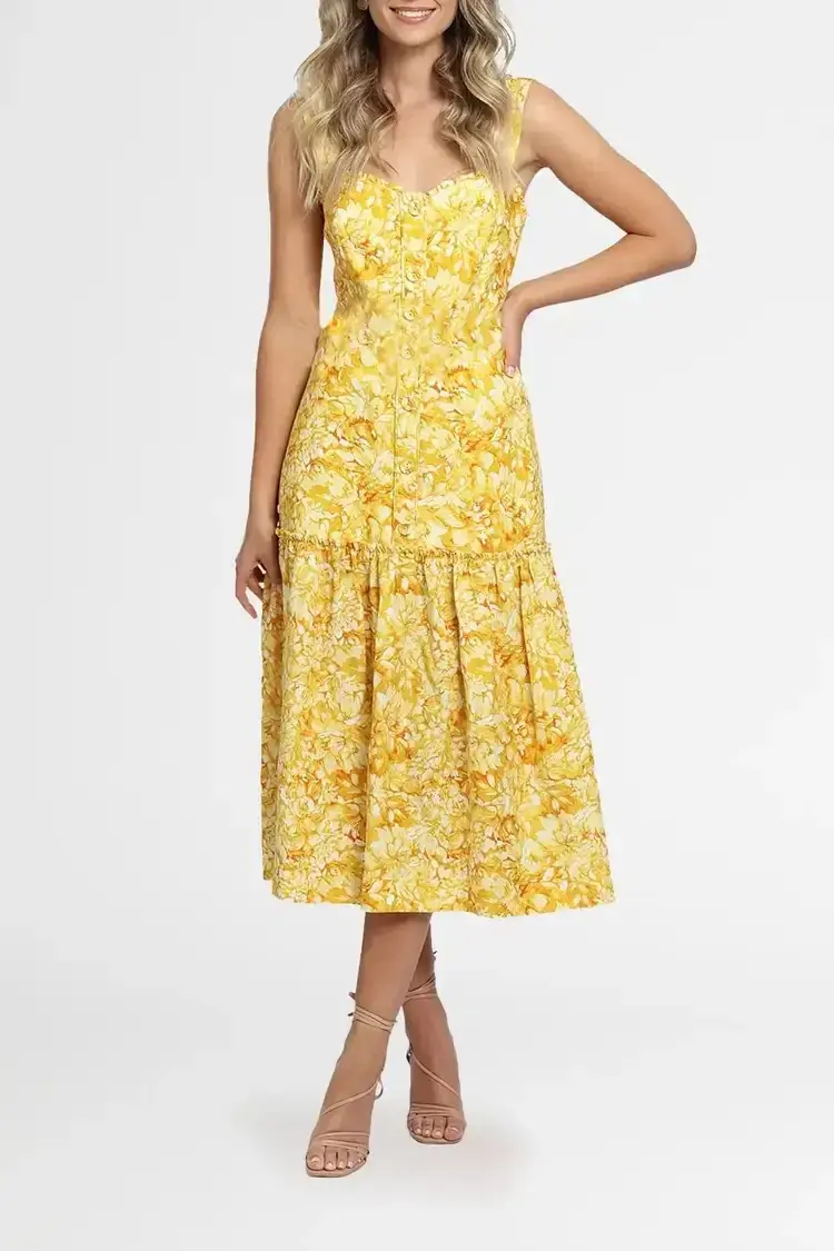 Rebecca Vallance Gialla Midi Dress in Yellow Size 14 for rent on The Volte - main image