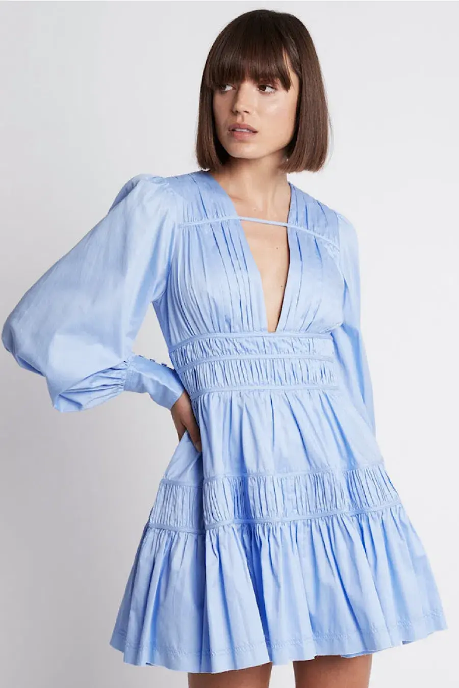 Aje Fallingwater Gathered Mini Dress Powder Blue Size 10 for rent on The Volte - main image