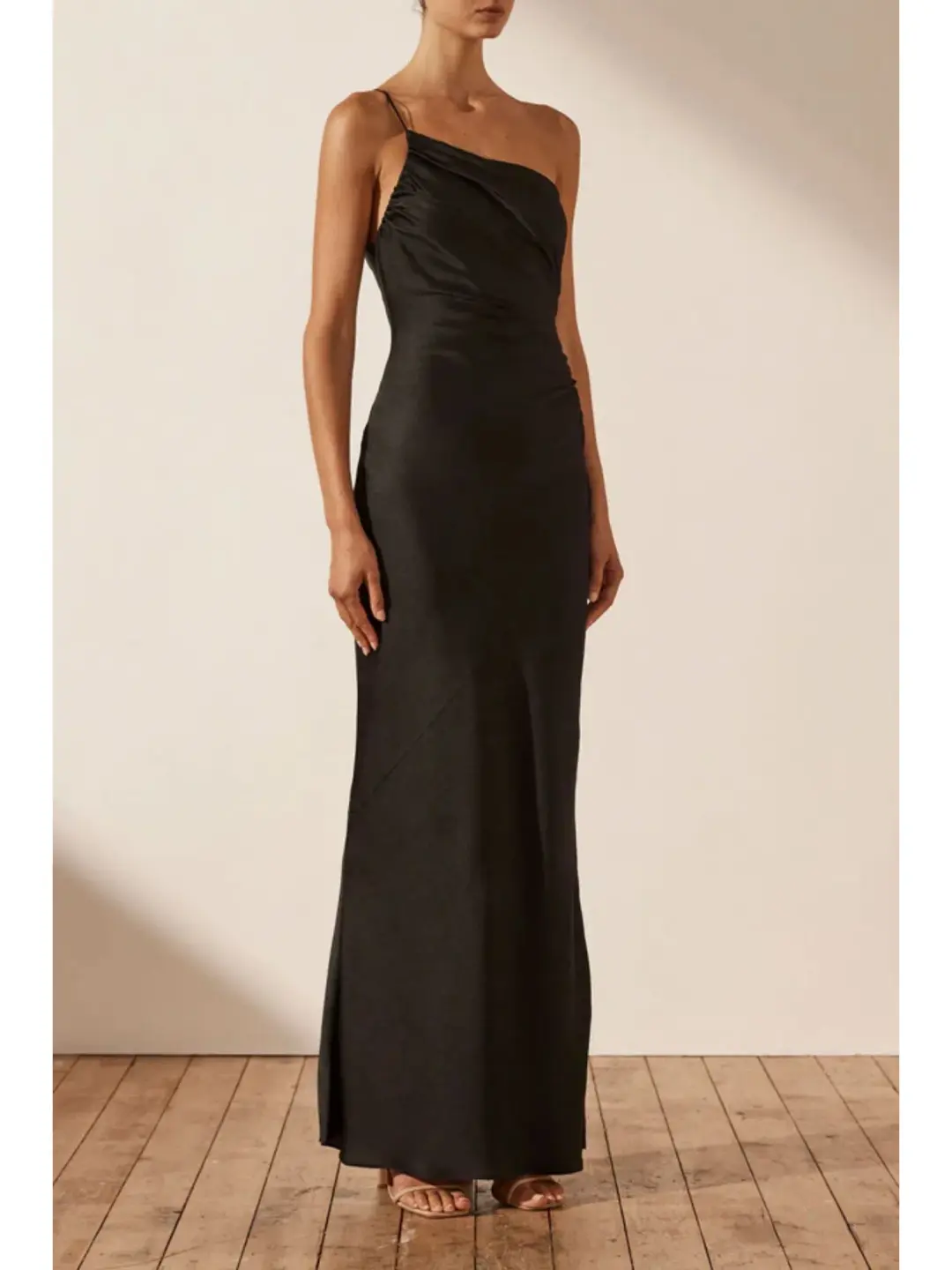 Shona Joy Asymmetrical Gathered Maxi Dress in Black Size AU 6 for rent on The Volte - main image