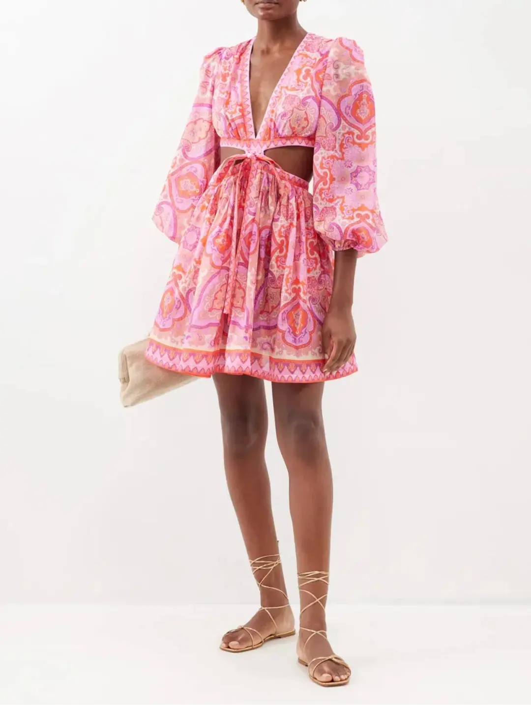 Zimmermann Halcyon Tie Front Mini Dress in Pink Paisley Size 1 / AU 10 for rent on The Volte - main image