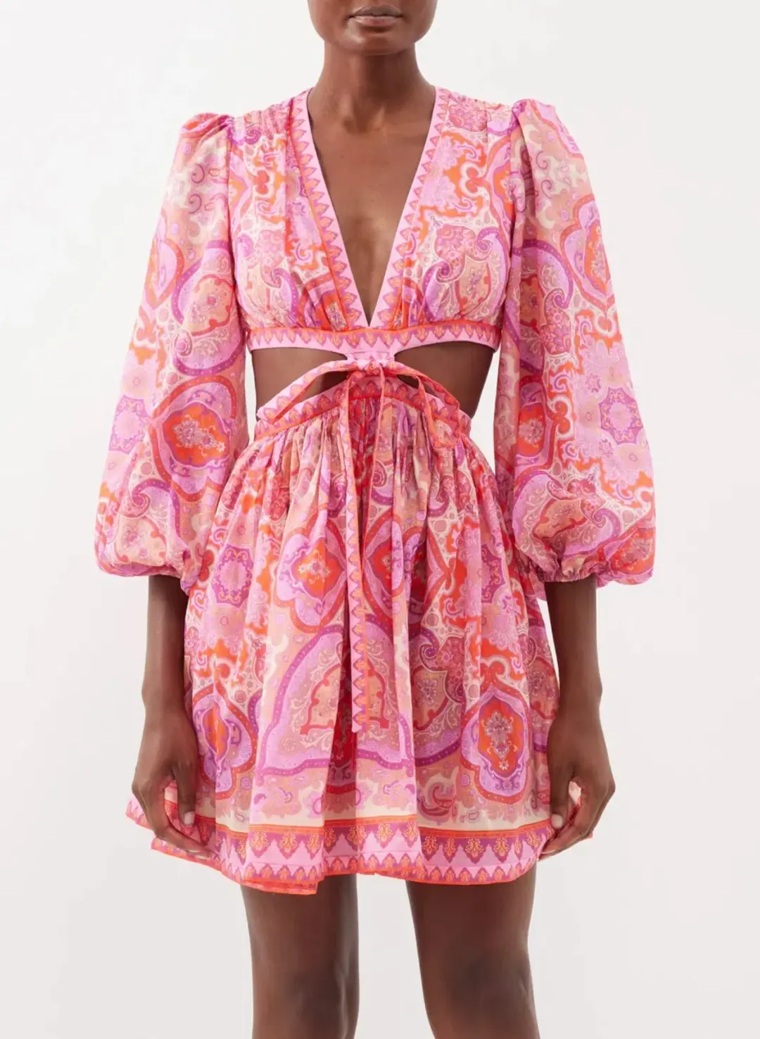 Zimmermann Halcyon Tie Front Mini Dress in Pink Paisley Size 1 / AU 10 for rent on The Volte - main image