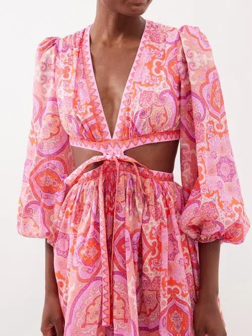 Zimmermann Halcyon Tie Front Mini Dress in Pink Paisley Size 1 / AU 10 for rent on The Volte - main image