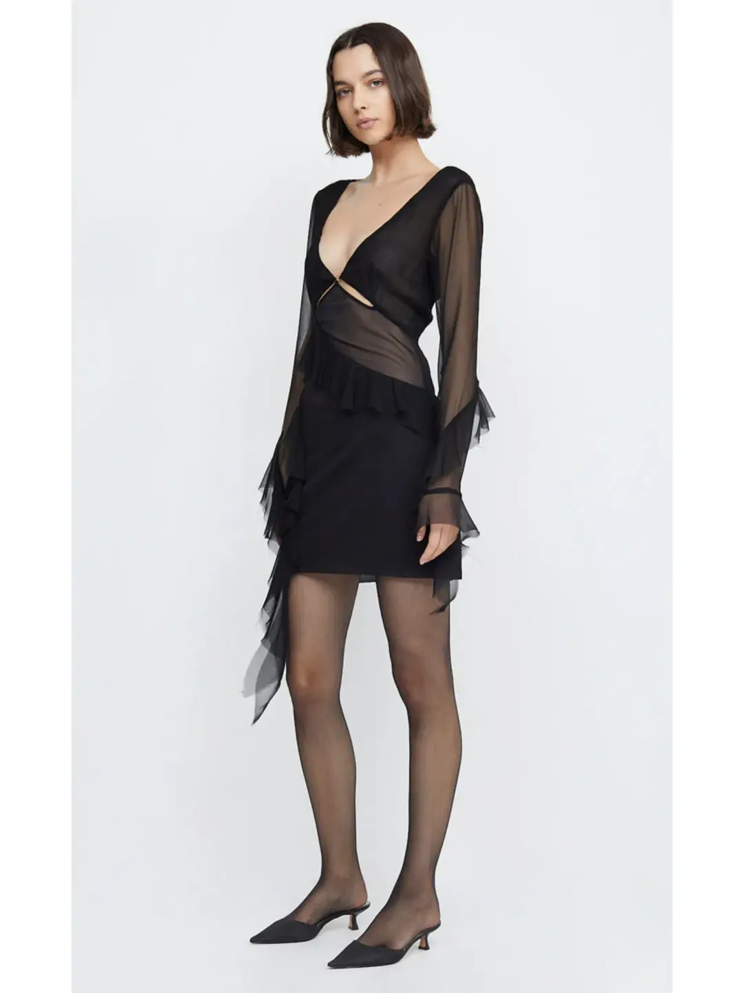 Bec & Bridge Aurelie Frill Long Sleeve Mini Dress Black Size AU 6 for rent on The Volte - main image