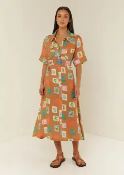 Palm Noosa Souvenir Shirt Midi Dress Brown Emblem Size 14