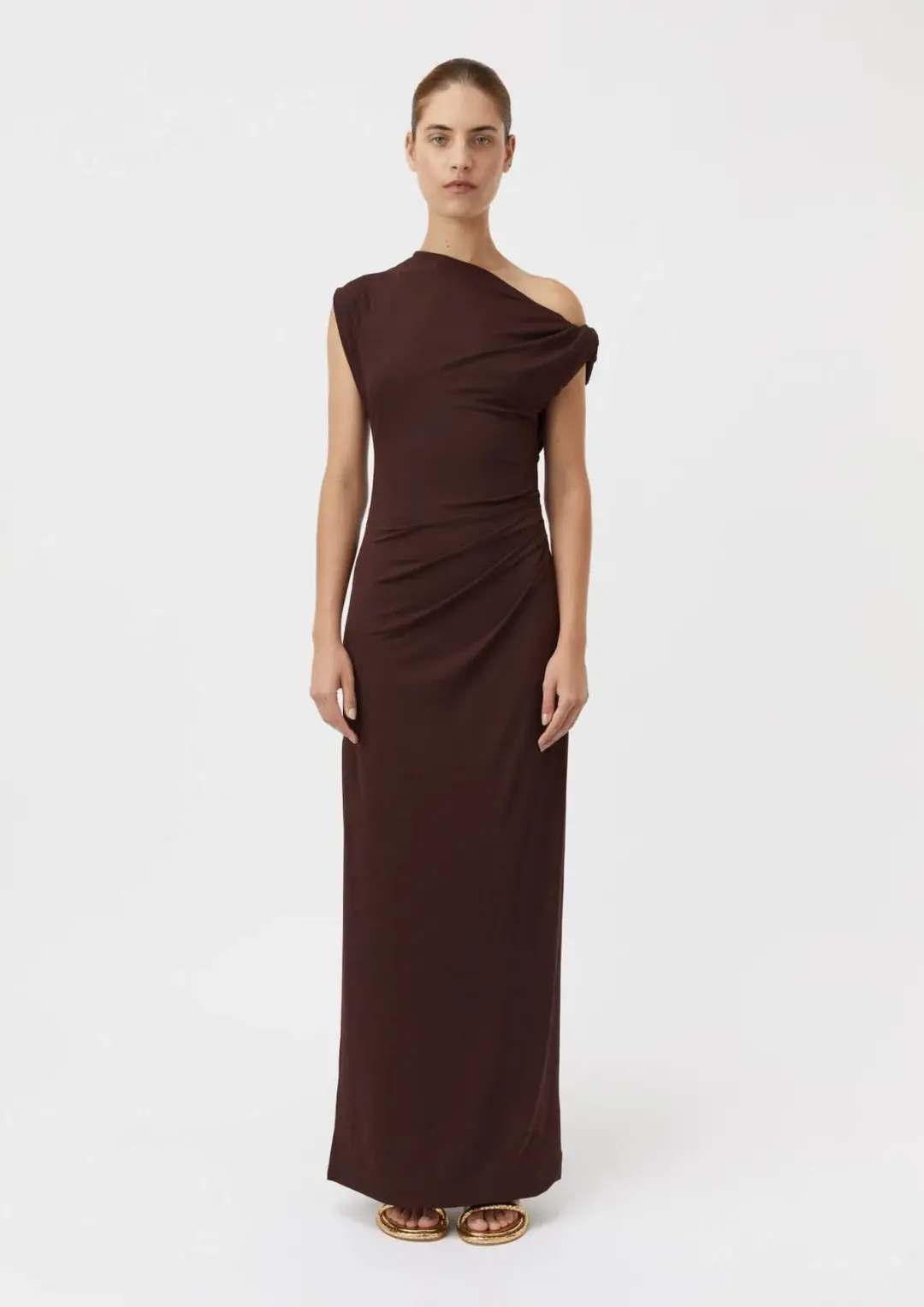 Camilla and Marc Annalise Draped Maxi Dress Chocolate Brown Size 8 for rent on The Volte - main image