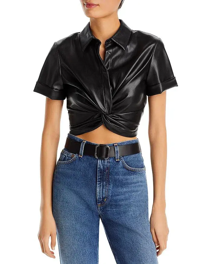 Alice + Olivia Phebe Cropped Twisted Vegan Leather Top Black Size S/ AU 8 for rent on The Volte - main image