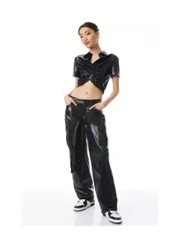 Alice + Olivia Phebe Cropped Twisted Vegan Leather Top Black Size S/ AU 8 for rent on The Volte - image 1