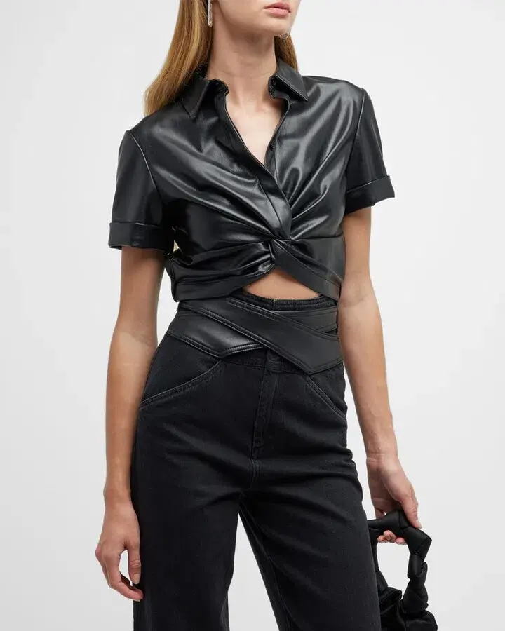 Alice + Olivia Phebe Cropped Twisted Vegan Leather Top Black Size S/ AU 8 for rent on The Volte - main image