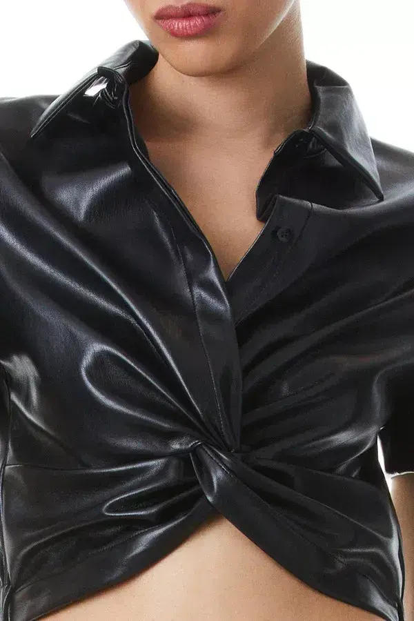 Alice + Olivia Phebe Cropped Twisted Vegan Leather Top Black Size S/ AU 8 for rent on The Volte - main image