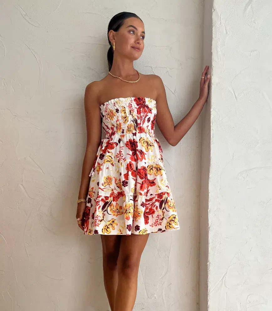 Shona Joy Kalani Shirred Strapless Mini Dress Floral Size 12 for rent on The Volte - main image
