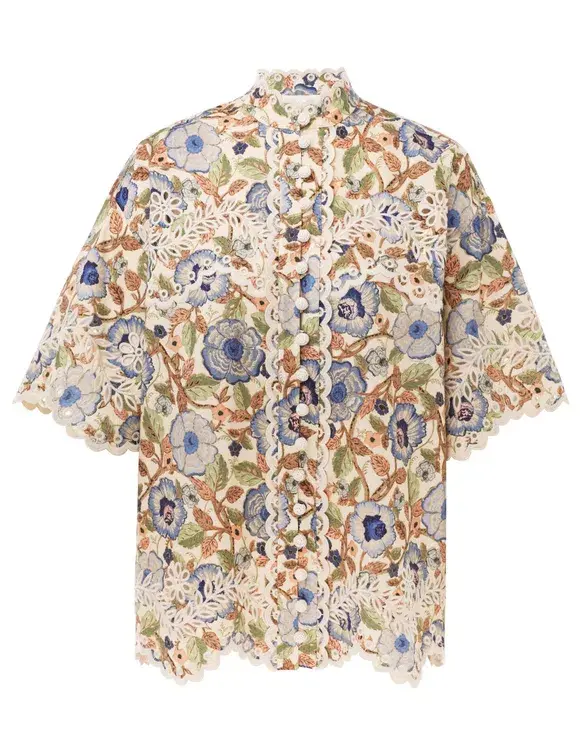 Zimmermann The Junie Embroidered Shirt and Short Set in Ivory/Blue Floral Size 0 / AU8 for rent on The Volte - main image