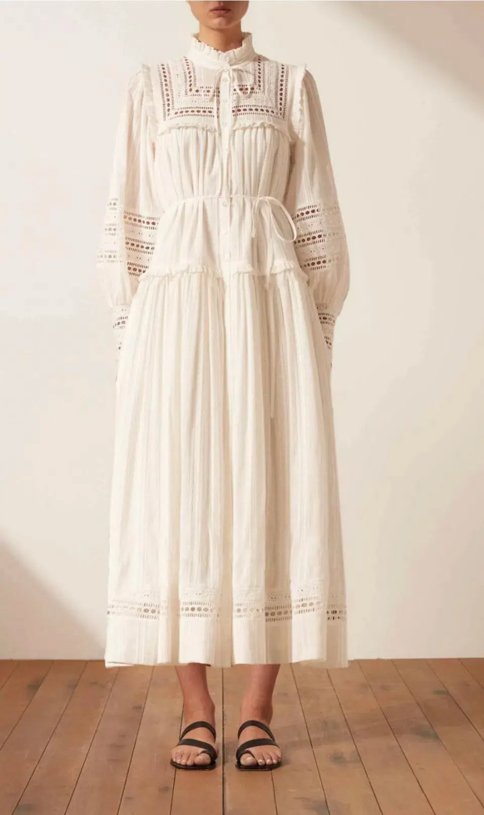 Shona Joy Lucia Balloon Sleeve Frill Midi Dress in Ivory Size 12 for rent on The Volte - main image