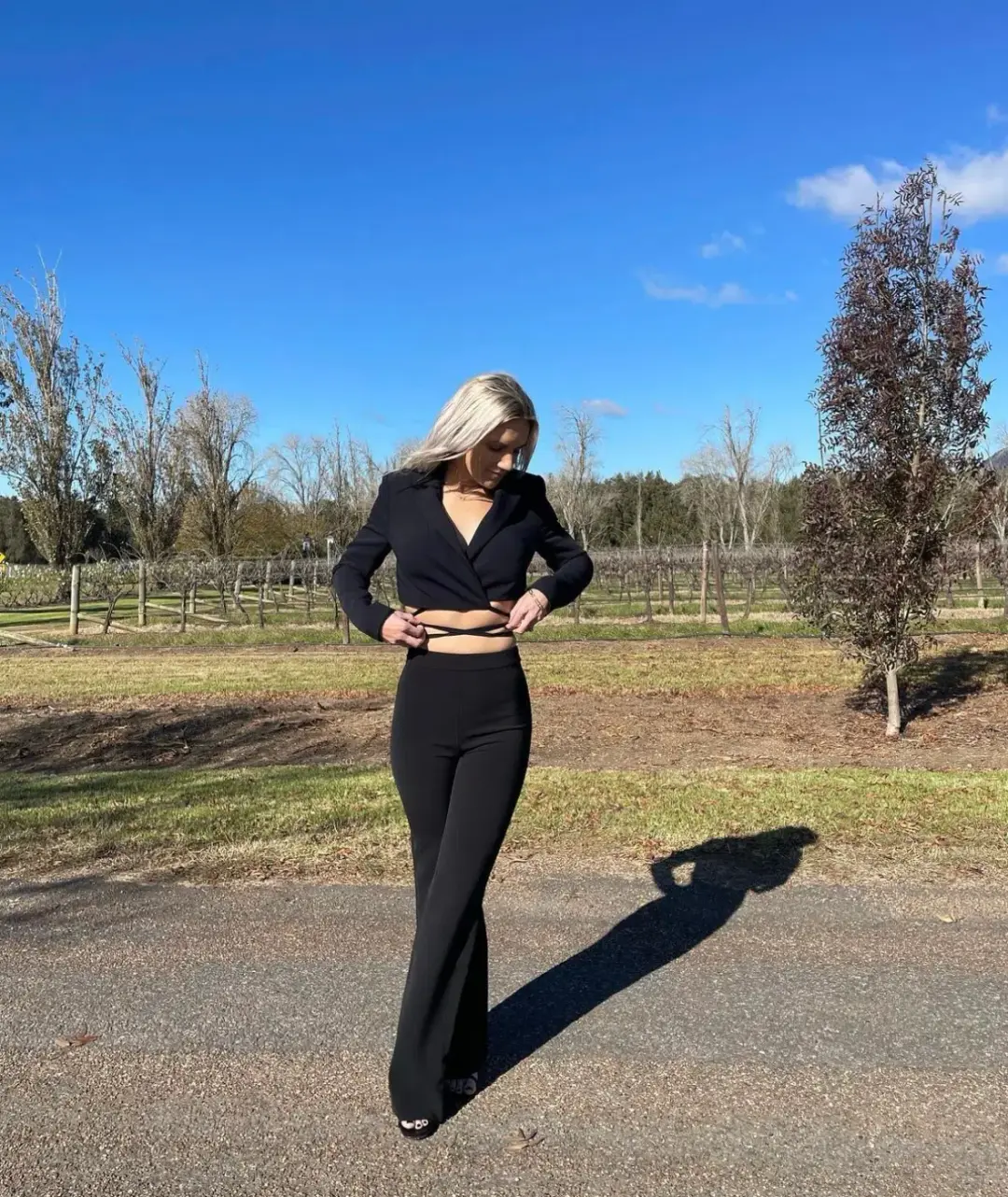 Kookai Lux Crop Blazer and Delta Long Flare Pants in Black Size AU 8 for rent on The Volte - main image