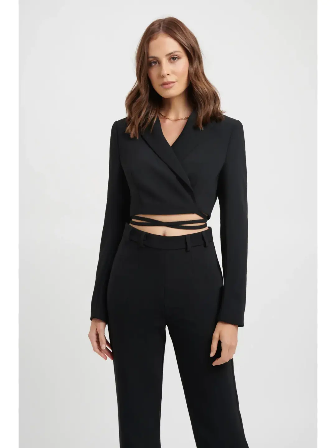 Kookai Lux Crop Blazer and Delta Long Flare Pants in Black Size AU 8 for rent on The Volte - main image