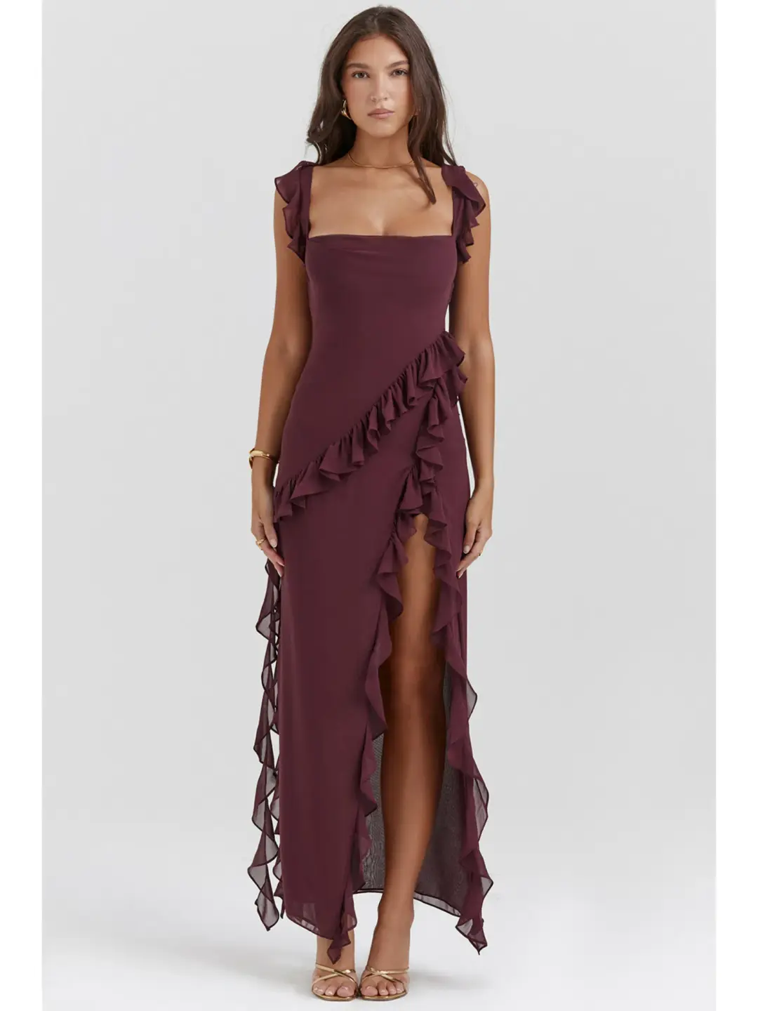 House Of Cb Ariela Ruffle Maxi Dress Mulberry Size S / AU 8 for rent on The Volte - main image