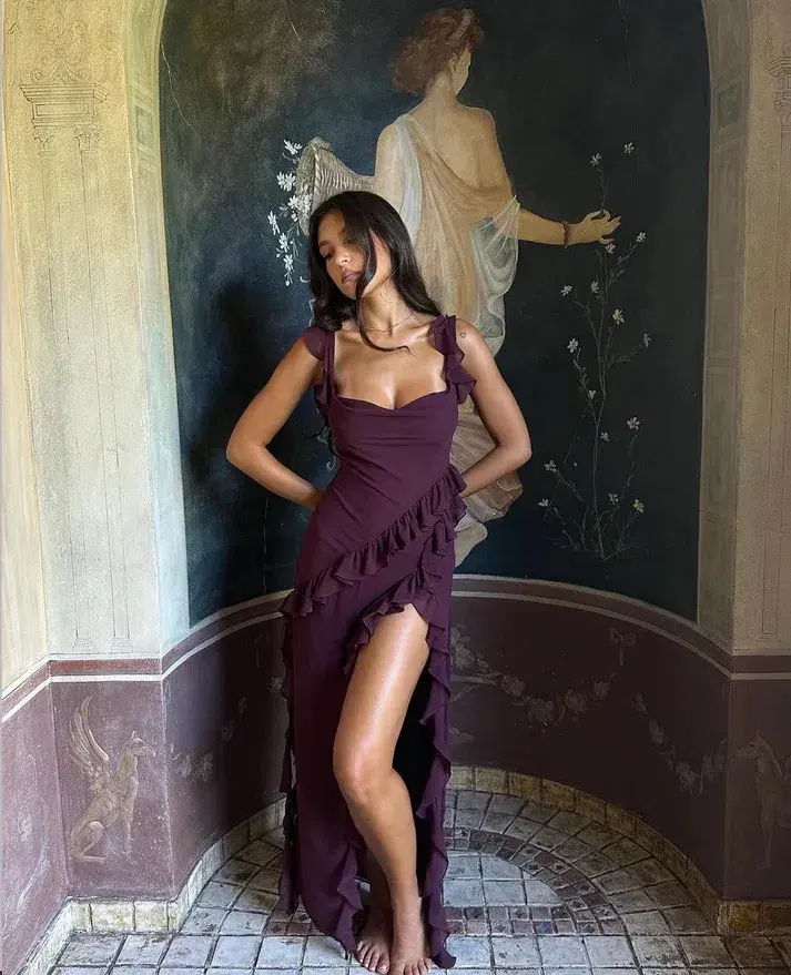 House Of Cb Ariela Ruffle Maxi Dress Mulberry Size S / AU 8 for rent on The Volte - main image