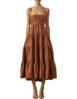 Shona Joy Elsa Linen Tiered Midi Dress Gingerbread Brown Size 12