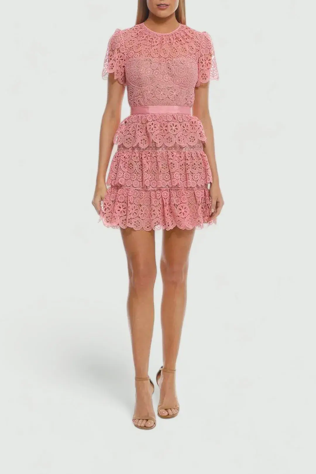 Self Portrait Pink Tiered Mini Dress in Pink Size 8 for rent on The Volte - main image