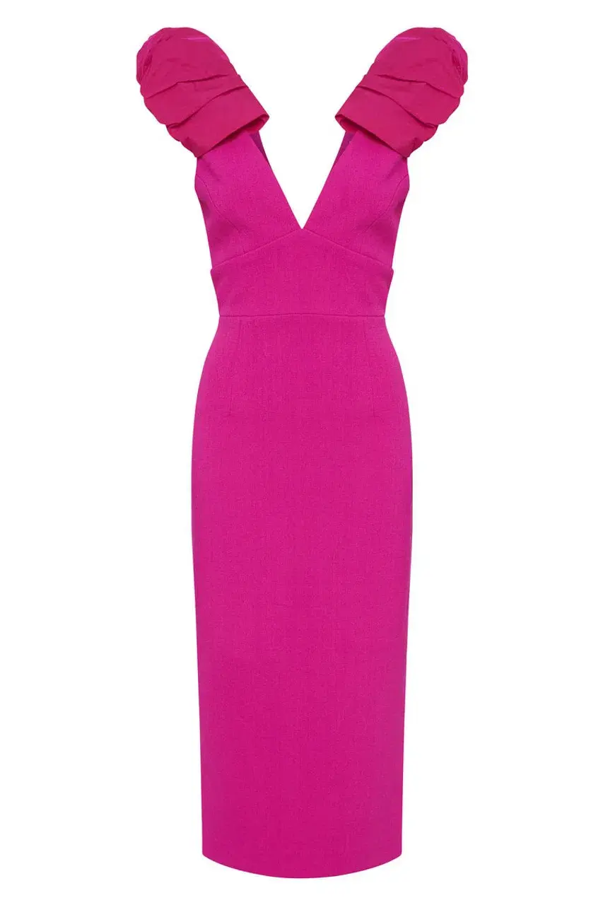 Rebecca Vallance Cupid's Bow Midi Dress in Hot Pink Size 8 for rent on The Volte - main image