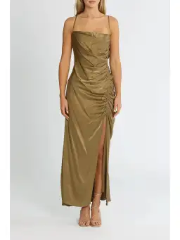 Shona Joy Thalia Bias Ruched Midi Dress in Cumin Size AU 6
