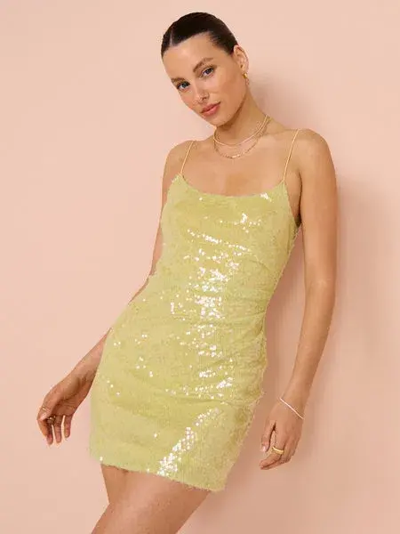 Bec & Bridge Venus Sequin Mini Dress Citrus Size 10 for rent on The Volte - main image