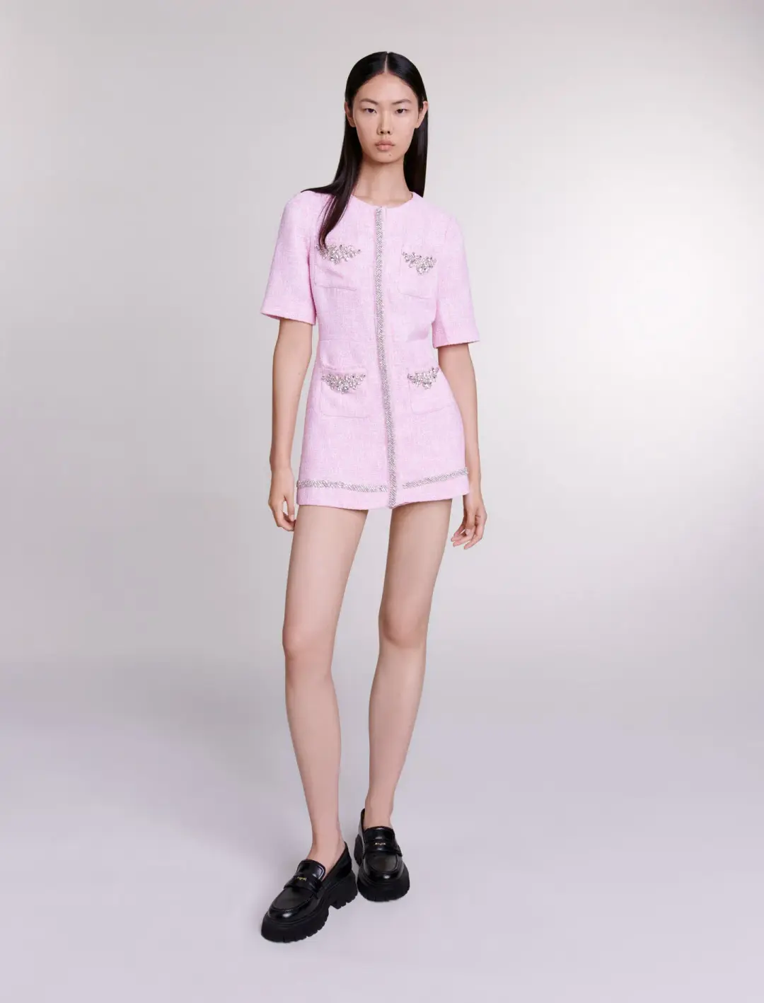Maje Ipop Tweed Plaid Playsuit Pink With Diamontes Size EU 36 / AU 8 for rent on The Volte - main image