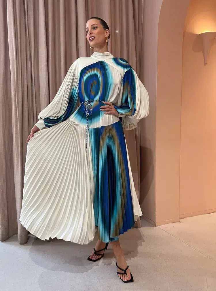 Alemais Una Pleated Midi Dress in Pearl/Teal Size 14 for rent on The Volte - main image