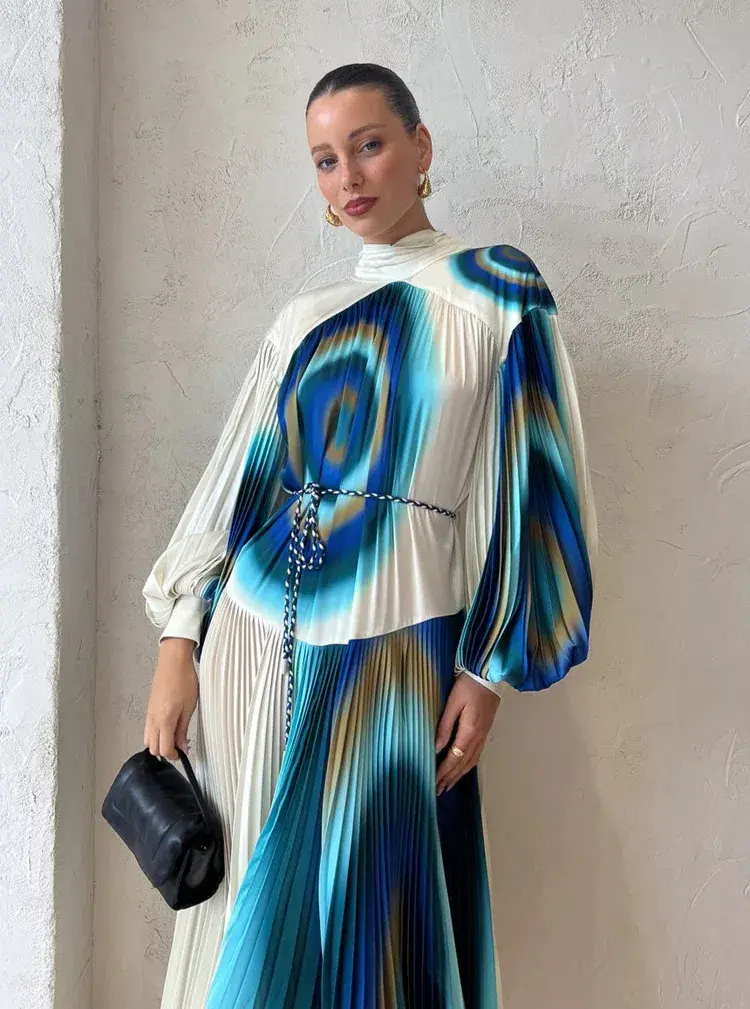 Alemais Una Pleated Midi Dress in Pearl/Teal Size 14 for rent on The Volte - main image