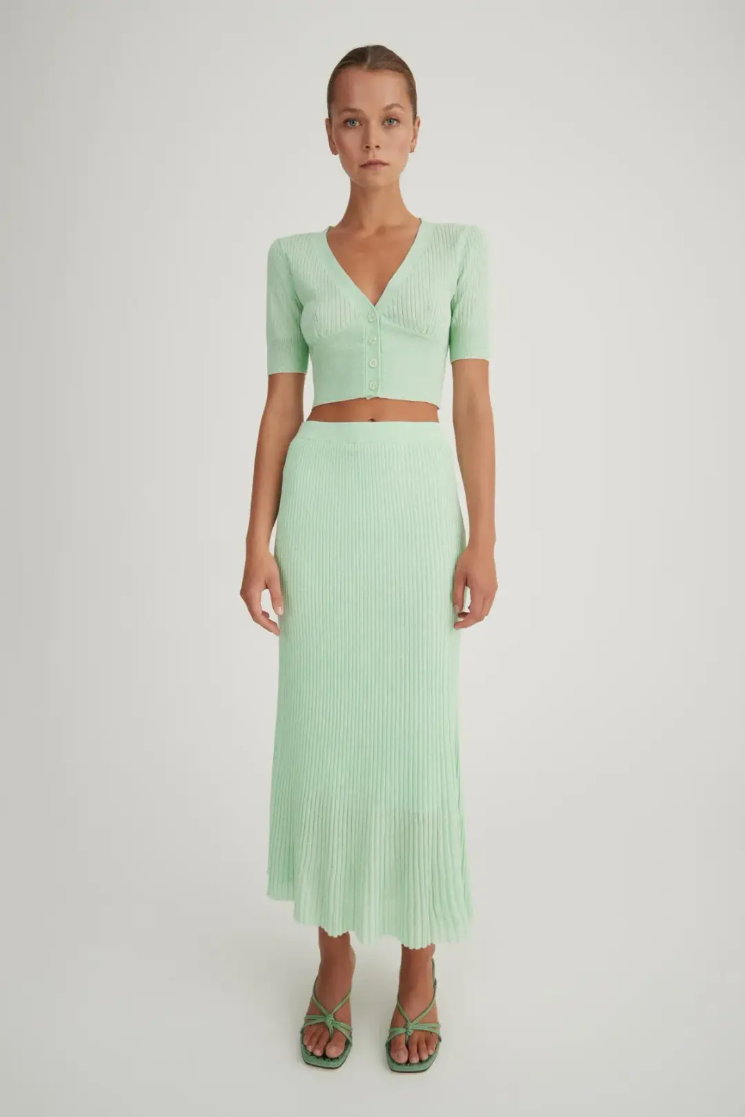 Hansen & Gretel Bernie Knit Cardigan and Midi Skirt Set Melon Size S / AU 8 for rent on The Volte - main image