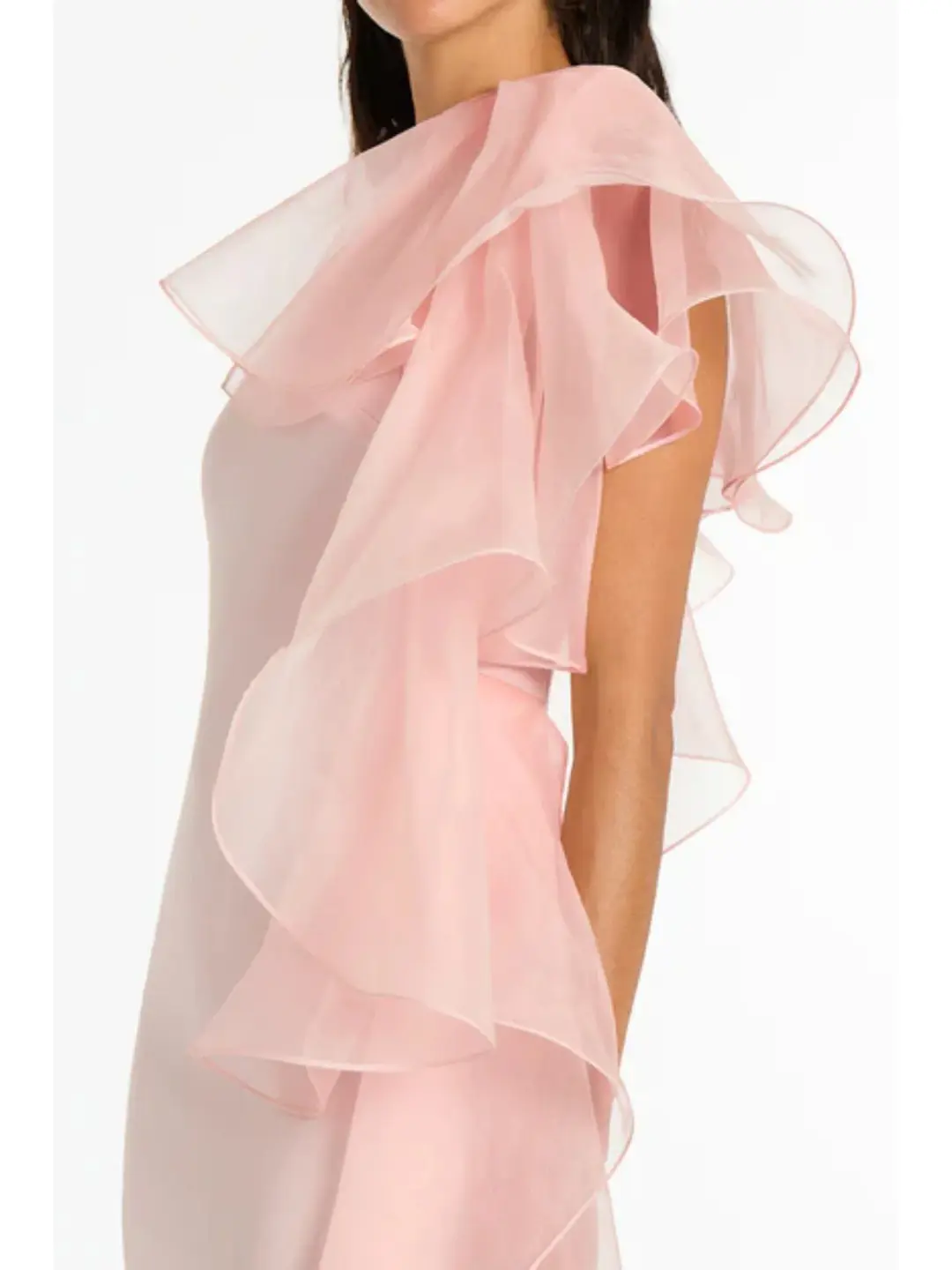 Carla Zampatti Peony Crepe Ruffle Shoulder Gown Pink Size AU 10 for rent on The Volte - main image