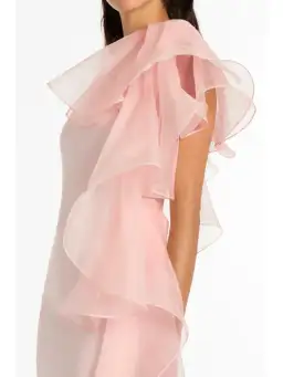 Carla Zampatti Peony Crepe Ruffle Shoulder Gown Pink Size AU 10 for rent on The Volte - image 3