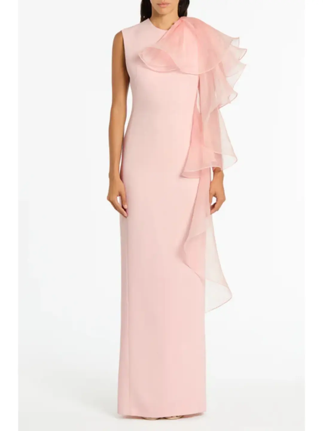 Carla Zampatti Peony Crepe Ruffle Shoulder Gown Pink Size AU 10 for rent on The Volte - main image