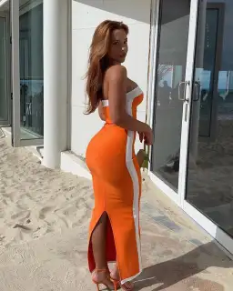 Bianca & Bridgett Ashley Gown in Orange White Size 6 for rent on The Volte - image 3