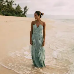 Shona Joy Aurore Ruched Frill Maxi Dress Green Floral Size 10