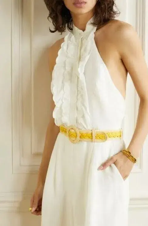 Zimmermann Amelie Frill Cropped Ruffled Linen Jumpsuit White Size 1 / AU 10 for rent on The Volte - main image