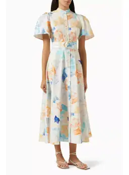 Leo Lin Bianca Short Sleeve Midi Dress Rosebud Floral Print in Cream Size AU 12 for rent on The Volte - image 1