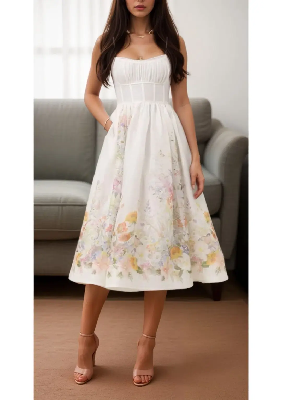 Zimmermann Natura Ruched Midi Dress Ivory Wild Flowers Size 0 / AU 8 for rent on The Volte - main image