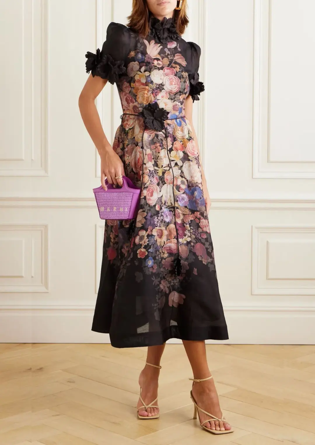 Zimmermann Luminosity Lift Off Flower Midi Dress Morisot Black Floral Print Size 16/4 for rent on The Volte - main image
