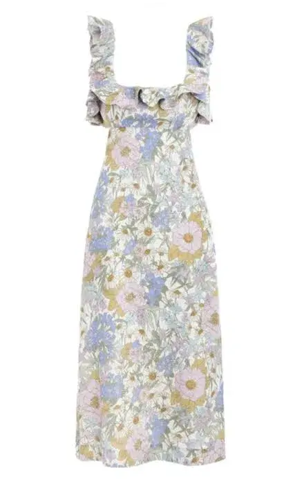 Zimmermann Super Eight Frilled Midi Dress Blue Meadow Floral Size 3 for rent on The Volte - main image