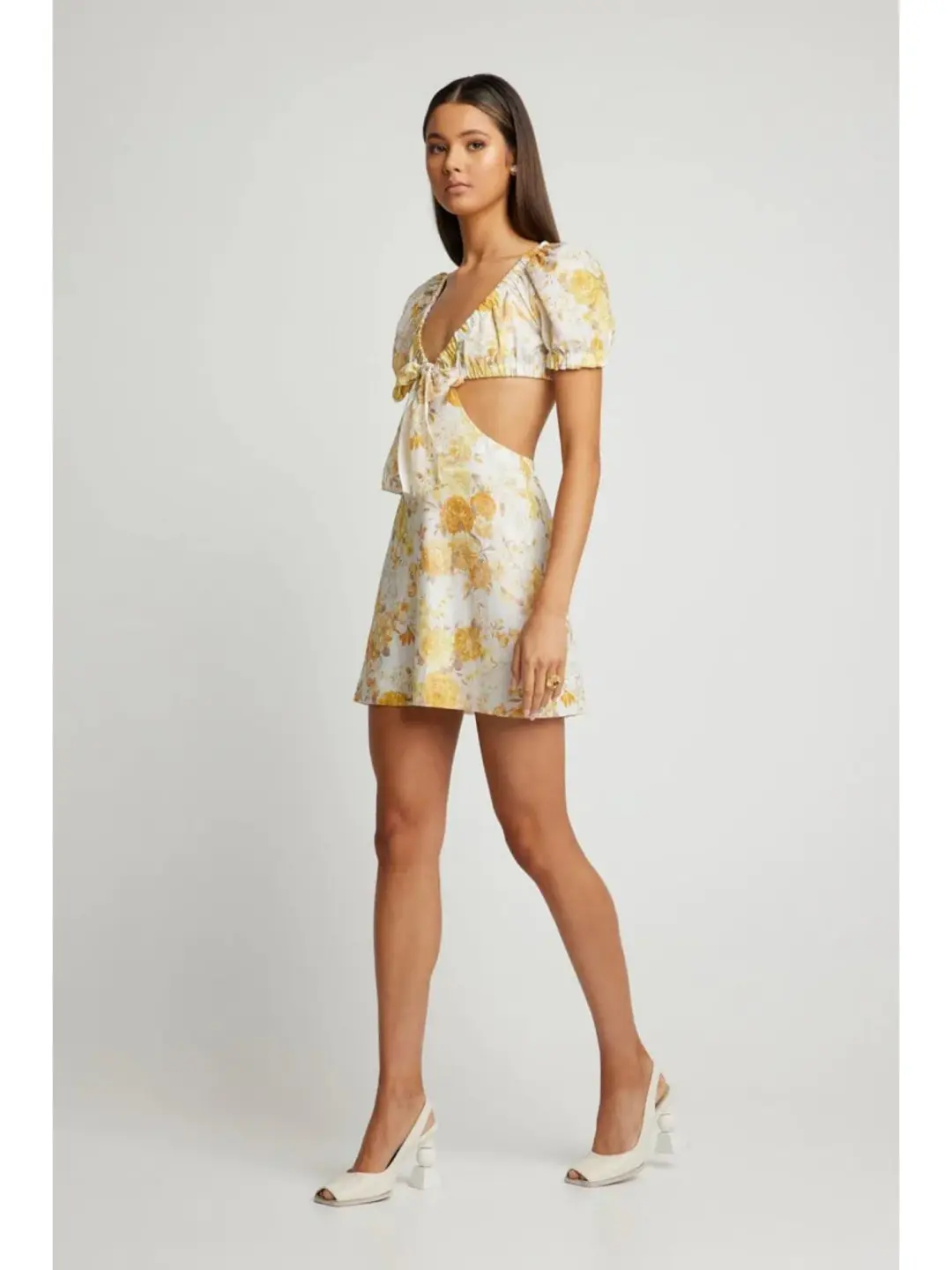 Sofia The Label Ami Tie Front Mini Dress Yellow Floral Size AU 8 for rent on The Volte - main image