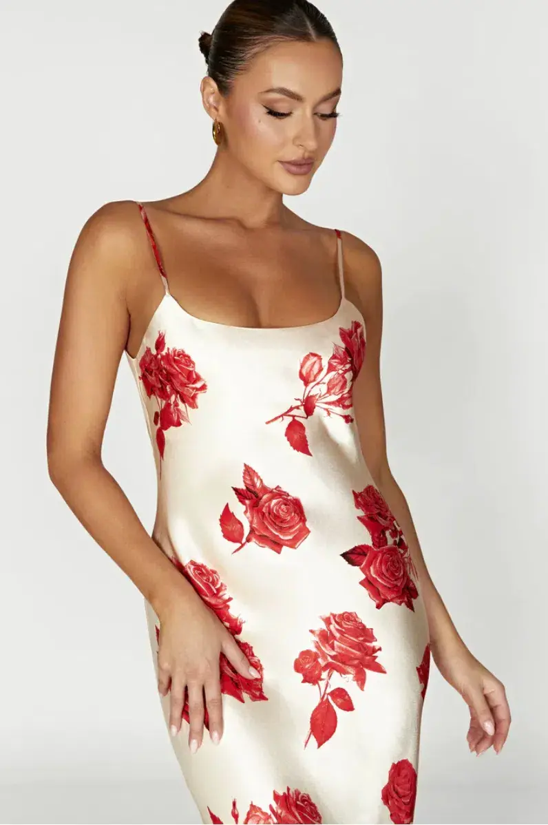 Meshki Rosalie Maxi Dress White & Red Rose Print Size S / AU 8 for rent on The Volte - main image