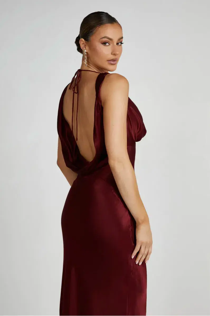 MESHKI Angelique Satin Cowl Back Maxi Dress Berry in Size S / AU 8 for rent on The Volte - main image