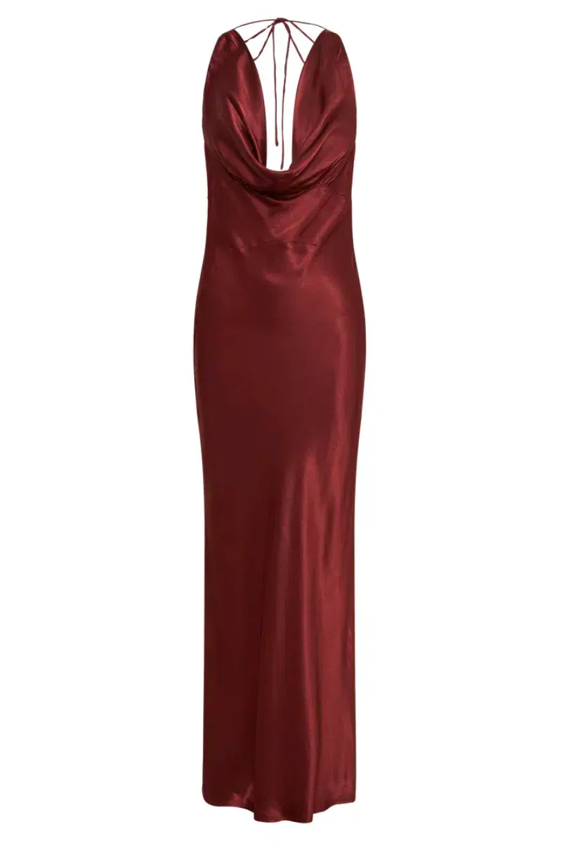MESHKI Angelique Satin Cowl Back Maxi Dress Berry in Size S / AU 8 for rent on The Volte - main image