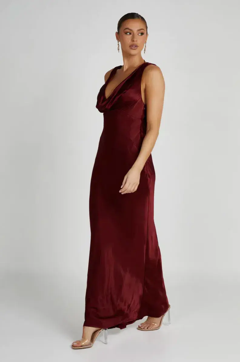 MESHKI Angelique Satin Cowl Back Maxi Dress Berry in Size S / AU 8 for rent on The Volte - main image