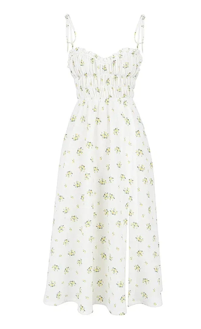House of CB Christabel Midi Dress Ivory with Yellow & Green Floral Size M / AU 10 for rent on The Volte - main image