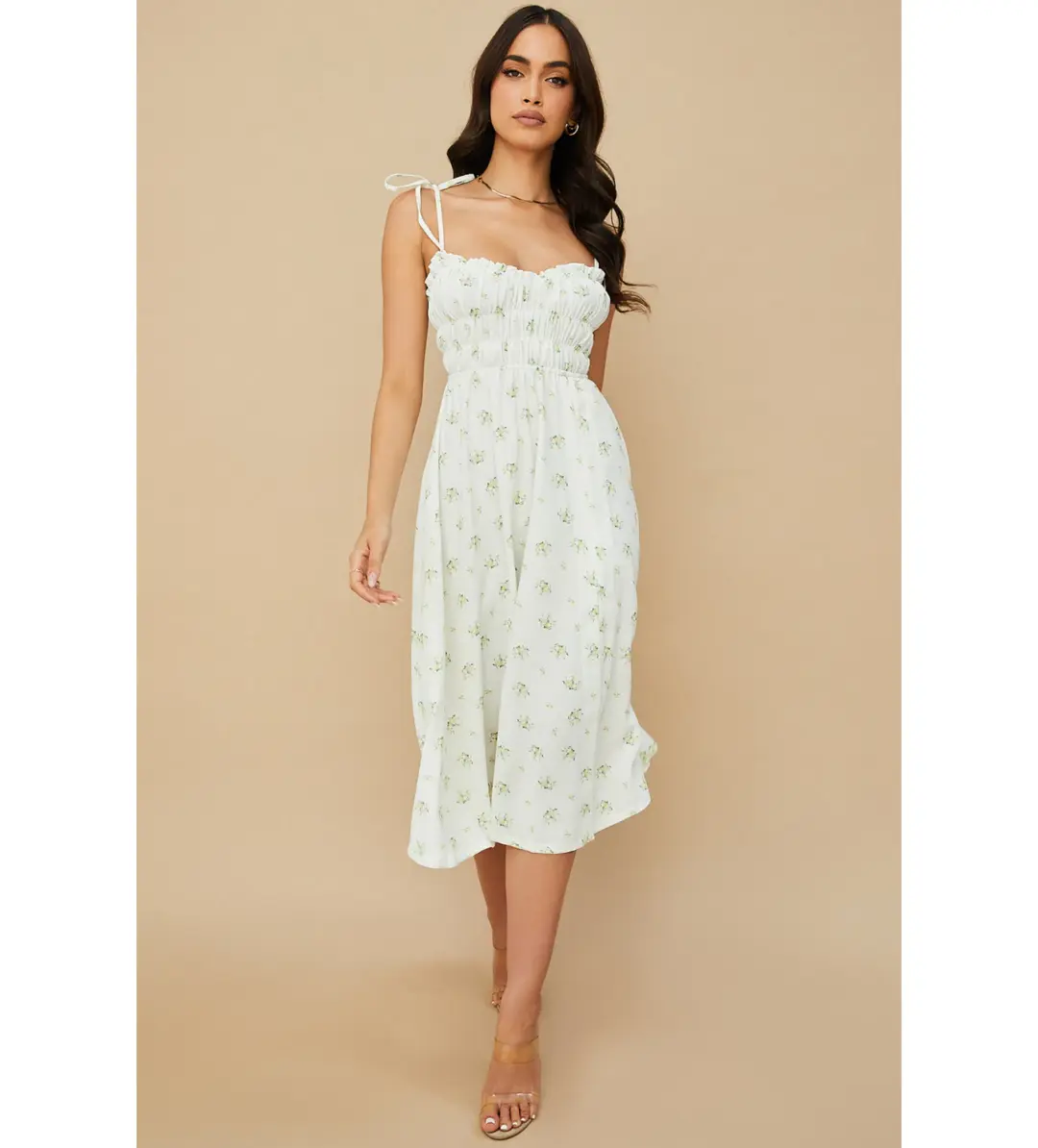 House of CB Christabel Midi Dress Ivory with Yellow & Green Floral Size M / AU 10 for rent on The Volte - main image