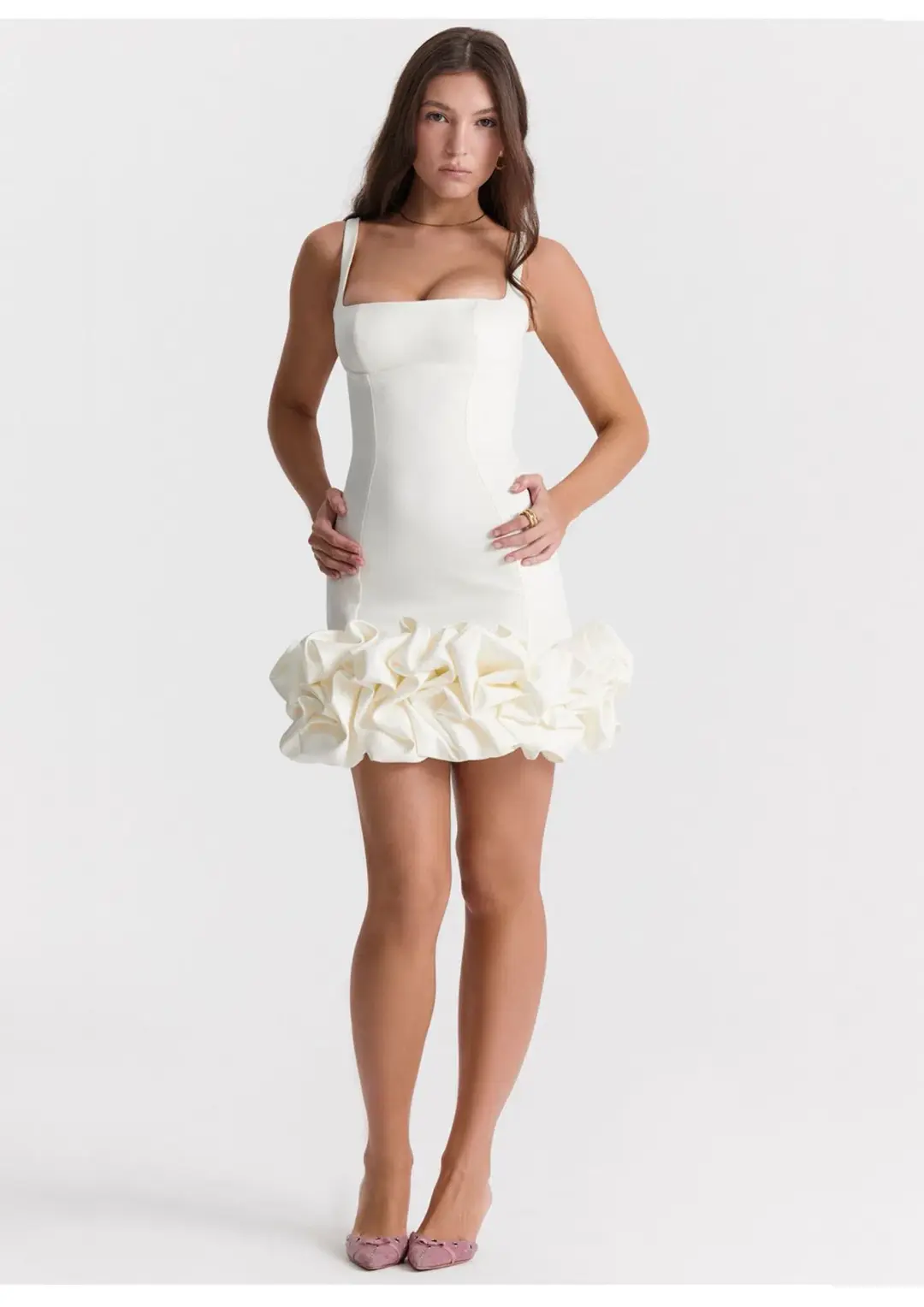 House of CB Lilou Ruffle Hem Mini Dress Ivory Size XS / AU 6 for rent on The Volte - main image
