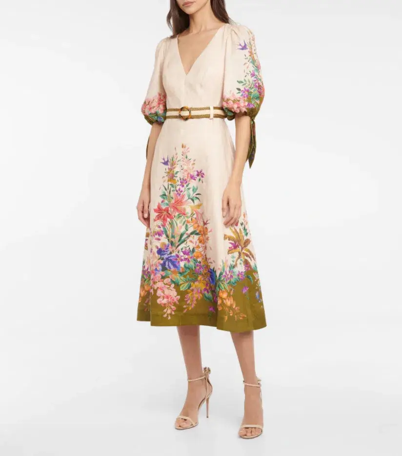 Zimmermann Tropicana Tie Sleeve Midi Dress Cream Floral Size 0P / AU 6 for rent on The Volte - main image
