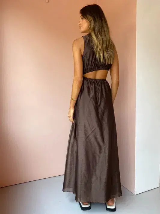 Sir the Label Anje Asymmetrical Cut Out Dress in Chocolate Size 1 / AU 8 for rent on The Volte - main image